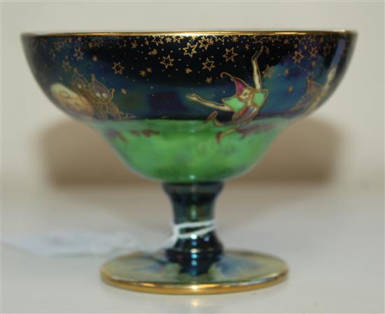 A Wedgwood Fairyland lustre Leap Frogging Elves pedestal bowl, designed by Daisy Makeig-Jones, height 3.2in.